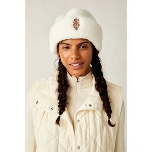 Free People White Fleece Hat with Brown Leaf Detail